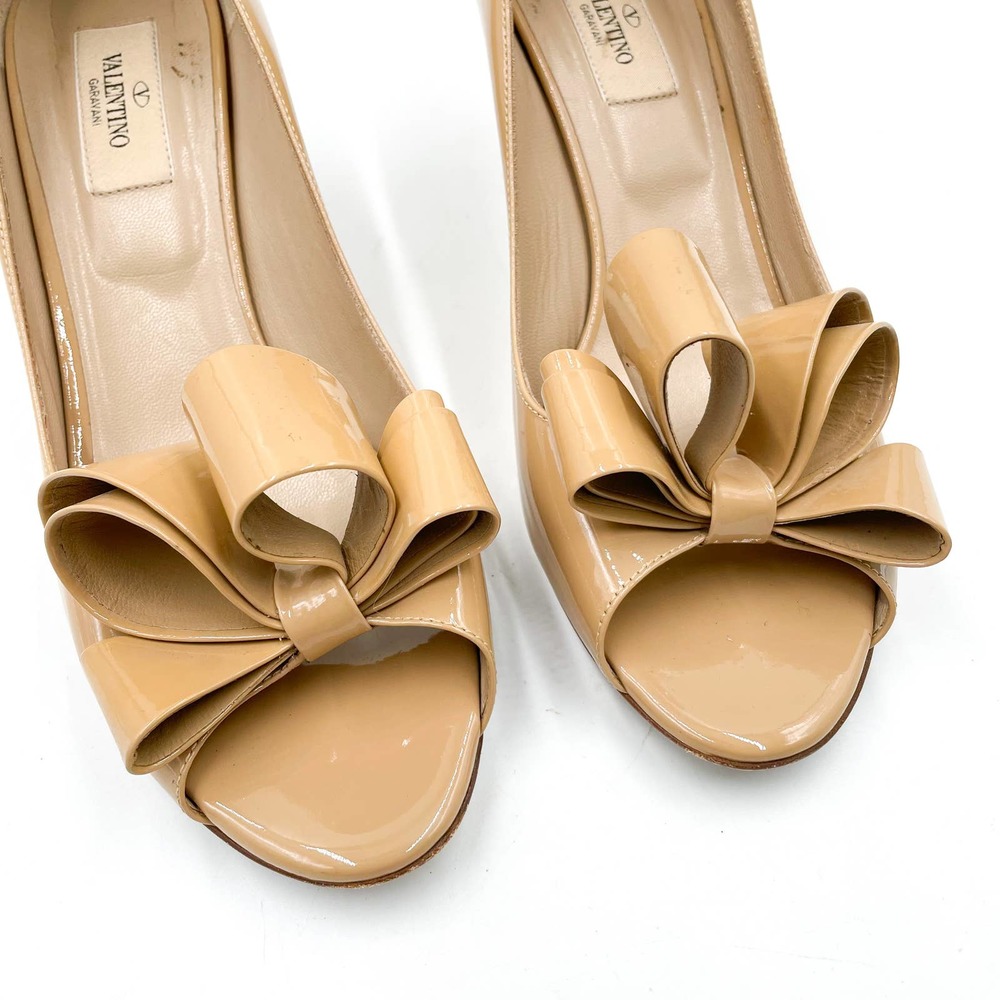 Valentino Nude Patent Leather Bow Pumps Peep Toe Kitten Heels - Picture 3 of 12